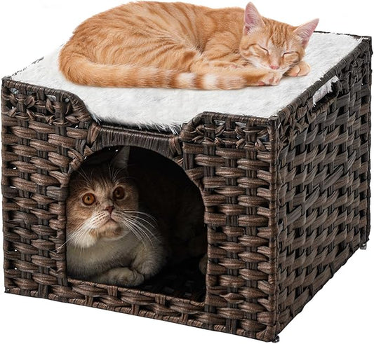 SETVSON Cat Beds Indoor Kitten House, Handwoven PE Rattan Cave, Brown | Double-Layer Rattan Pet Cube, Double-Sided Cushion Bed, Foldable Steel Frame, 2 S-Hooks, 16.5x16.5x13.2 In Hideaway by SETVSON