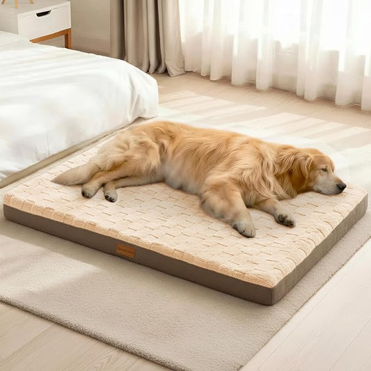Patas Lague Orthopedic Large Dog Bed Washable Pet Crate Mat 42''X28'' Camel | Egg-Crate Foam Dog Couch For Large Sized Dogs, Waterproof Removable Cover, Soft Pet Bed With Nonskid Bottom by PatasLague