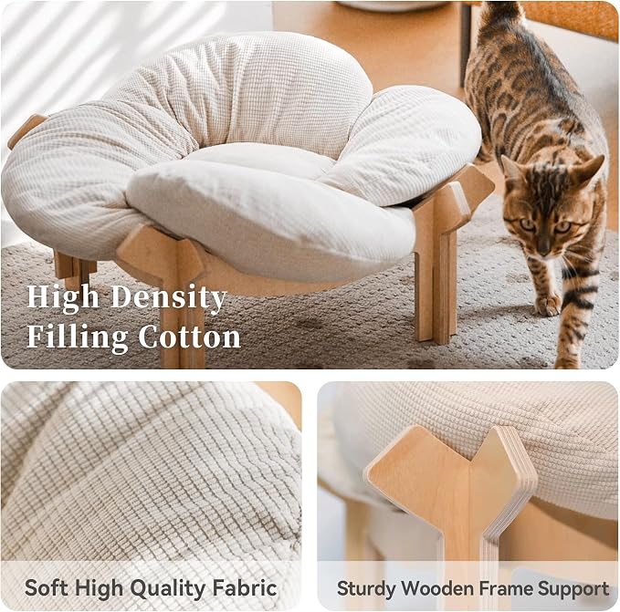 PACHIRA Elevated Cat Bed Wooden, Cat Couch Fluffy, Cat Sofa Flower for Indoor Cats, Raised Cat Bed with Washable Fluffy Cushion and Birch Wood, Cat Chair for Kitty and Puppy, Cat Furniture (White) - Image 4