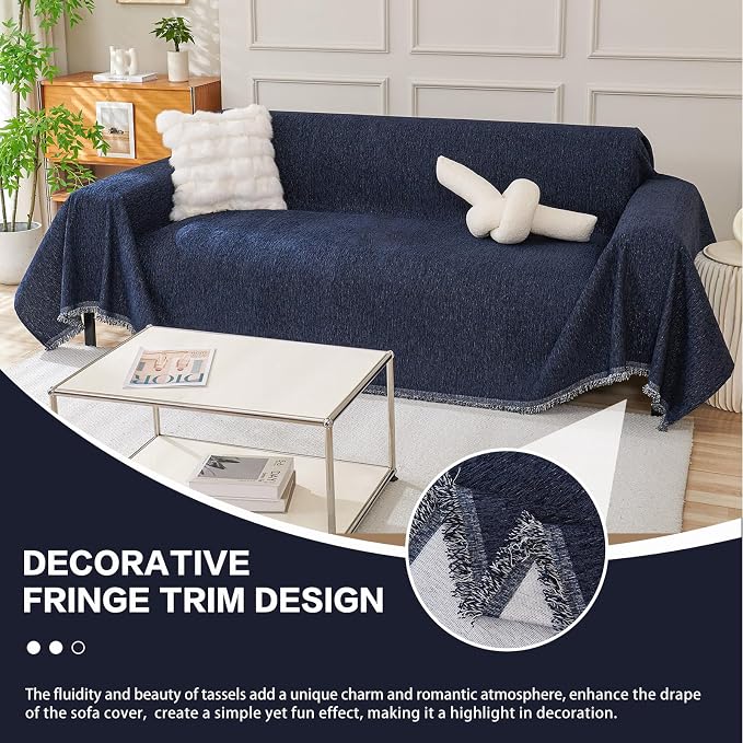 DREAMINGO Sofa Covers Washable Thick Chenille Couch Cover for 3 Cushion Couch Sofa Multi-Use Couch Cover Blanket Modern Pet Furniture Protector Sectional Couch Slipcover 91"x150", Navy Blue - Image 5