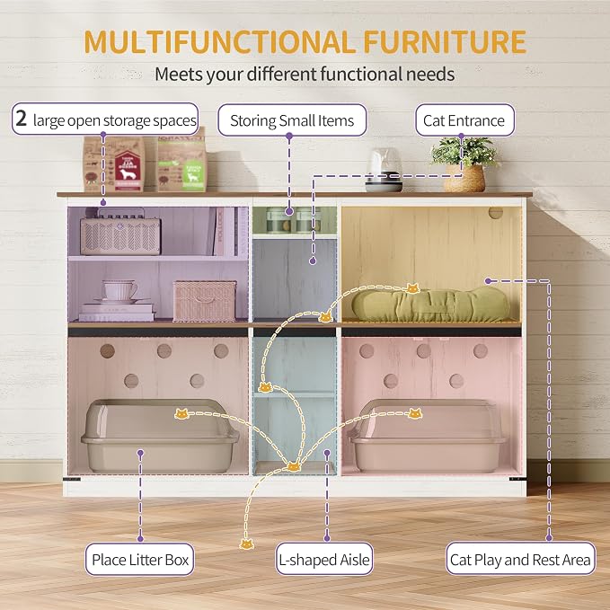 Hzuaneri Double Cat Litter Box Enclosure for 2 Cats, Cat Cabinet with Large Storage Space, Hidden Litter Box with Scratch Pad, Farmhouse Cats House, TV Stand End Table, Rustic Brown and White CB97014X - Image 5
