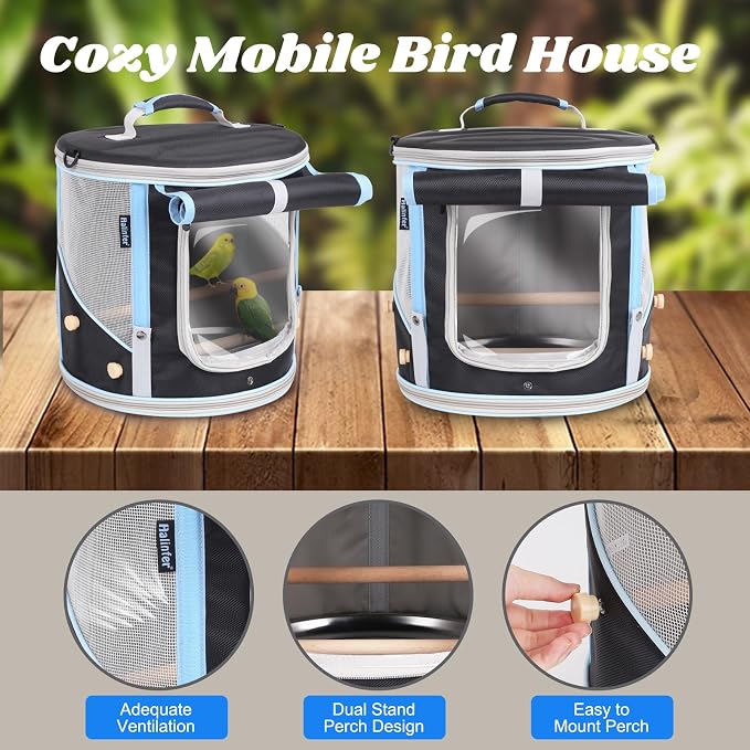 halinfer Small to Medium Bird Travel Carrier Cage, Portable Parrot Parakeet Cockatile Conure Transport Cage with Clear Window and Fabric Shade, Round Carry Bird Bag - Image 4
