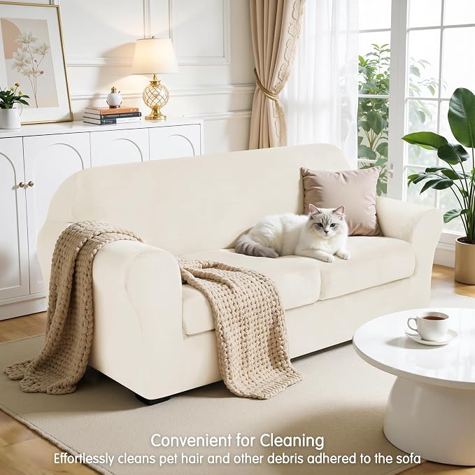 CHUN YI 3 Piece Velvet Couch Covers for 2 Cushion Couch, Water Resistant Loveseat Covers, Non Slip High Stretch Thick Furniture Protector for Dogs Pets, Medium, Ivory White - Image 7
