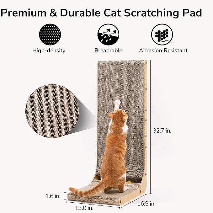 FUKUMARU Cat Scratcher for Indoor Cats, 32.7 Inch L Shaped Cat Scratch Pad | Extra Large Cardboard Cat Scratcher for Wall Sofa, Vertical Cat Scratching Board with Ball Cat Toy, Tall Cat Scratching Post - Image 3
