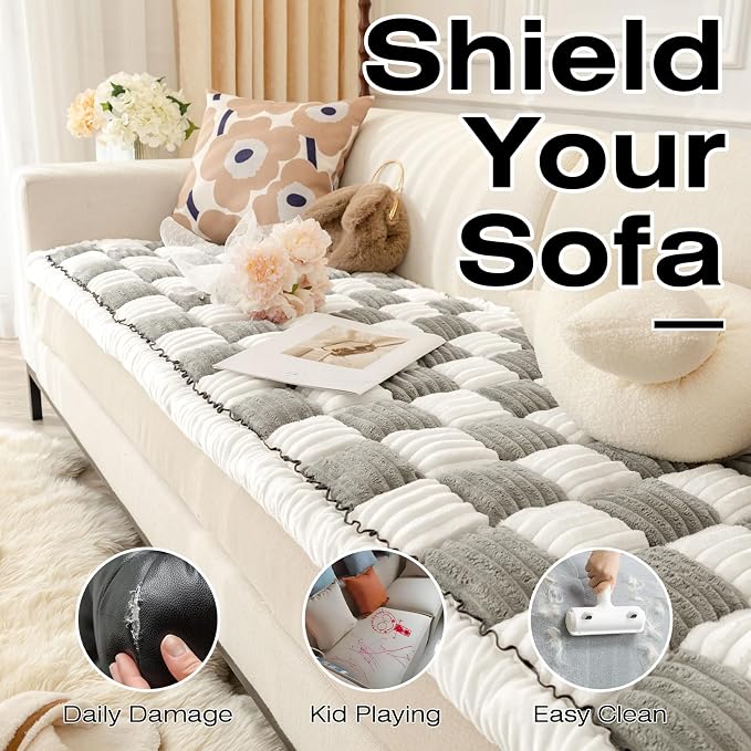 Fuzzy Couch Cover for Dog, Modern White Grey Checkered Couch Cushion Cover | Non Slip Couch Cover for 2 Cushion Couch Sofa Pet Friendly, Washable Sofa Cover Durable Anti-pilling Furniture Protector - Image 4
