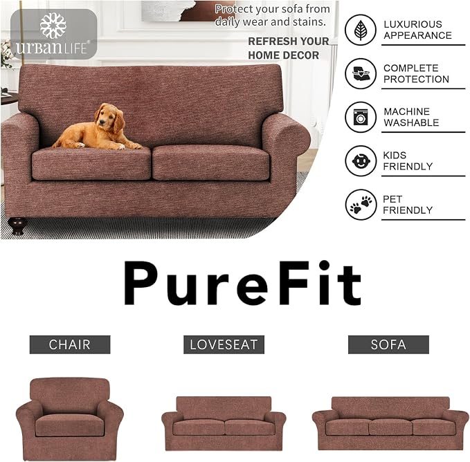 URBANLIFE 3-Piece Stretch Sofa Covers for 2 Cushion Couch, Chocolate | Super fitted spandex slipcovers for couches. Non-slip elastic bottom. Machine washable furniture protector for kids & pets. - Image 6