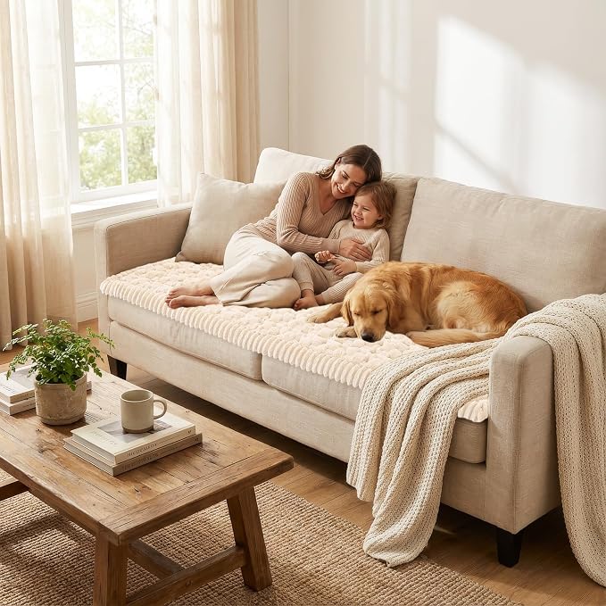 Smiry Non Slip Couch Covers for Dogs, Scratch Resistant Pet Sofa Protector | Machine Washable Soft Fuzzy Thick Furniture Cover for Sofa Loveseat Sectional Large Dogs, Cream, 27.6" x 88" - Image 5