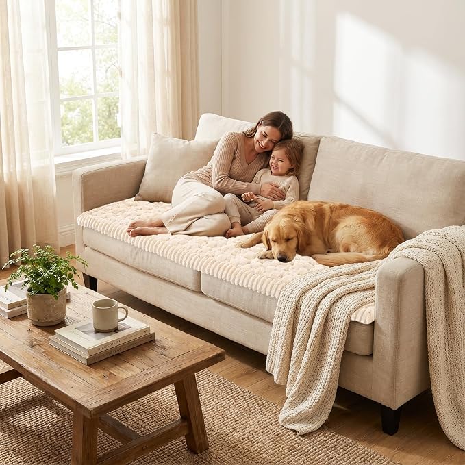 Smiry Non Slip Couch Covers for Dogs, Scratch Resistant Pet Sofa Protector | Machine Washable Soft Fuzzy Thick Furniture Cover for Sofa Loveseat Sectional Large Dogs, Cream, 27.6" x 27.6" - Image 5