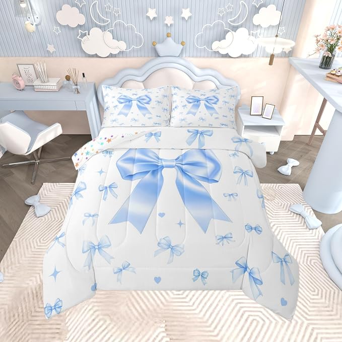 Manfei Blue Bow Bedding Set for Boys Girls,Cute Ribbon Bowknot All Season Cozy Comforter Set Full Size,Kawaii Princess Style Duvet Set Bedroom Decor,Personalized Birthday Gifts - Image 7