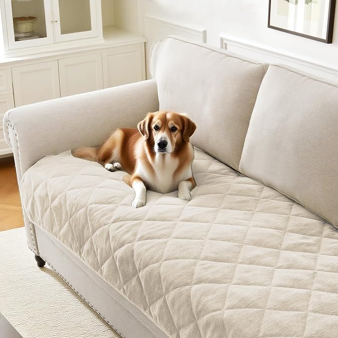 PrinceDeco Couch Covers for Dogs Chenille Sofa Covers for 2 Cushion Washable Quilted Checkered Fuzzy Pet Couch Cover Soft Couch Protector Non-Slip Sofa Pads for Puppy Cat Kids(34.5" x 60", Ivory) by PrinceDeco