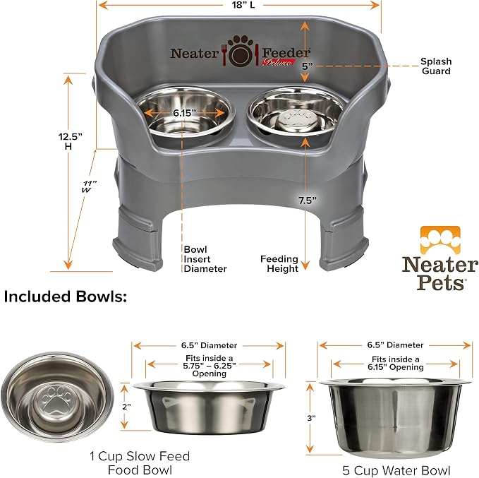 Neater Feeder Deluxe Mess-Proof Elevated Dog Bowls for Medium Dogs (19–40 lbs), 2 Height Adjustable (10” & 12.5”) No-Spill Raised Dog Bowl Stand w/Slow Feed Bowl for Food, Made in USA, Grey - Image 7