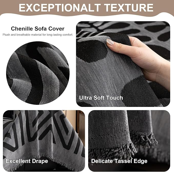 VClife Bohemian Sofa Cover Washable, Non Slip Chenille Couch Cover for 3 Cushion Couch Sofa Pet Furniture Protector Modern Tribal Black Gray Sofa Slipcover for Loveseat and Sectional Couch 71''x134'' - Image 5