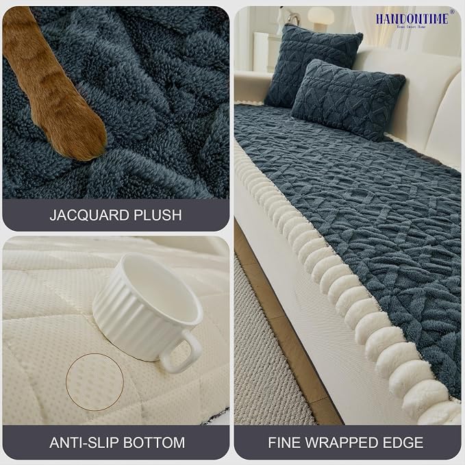HANDONTIME Pet Couch Cover Jacquard Geometric Sofa Cover Faux Fur Plush Couch Covers for Pets Washable Durable Sofa Protector for 3 Cushion Non-Slip Furniture Cover (Stormy Blue, 27.6" x 59.1") - Image 3