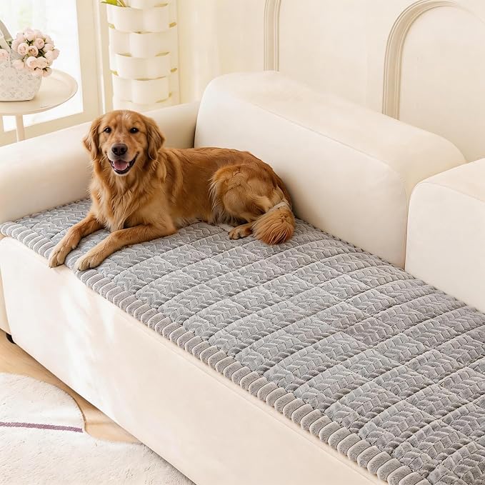 KRFOONN Couch Cover for Dogs Washable Sofa Covers for 3 Cushion Non-Slip Fuzzy Couch Cushion Covers Sofa Slipcovers Furniture Protector with Elastic Straps for Dogs Pets Mat (Light Grey, 27.6" x 59") by KRFOONN