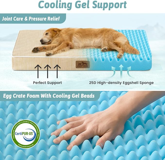 COZY KISS Large Cooling Orthopedic Dog Bed, Q-Max >0.5 Waterproof Egg Crate Foam Pet Bed with Removable Washable Cover, 44x32x4in,Beige - Image 3