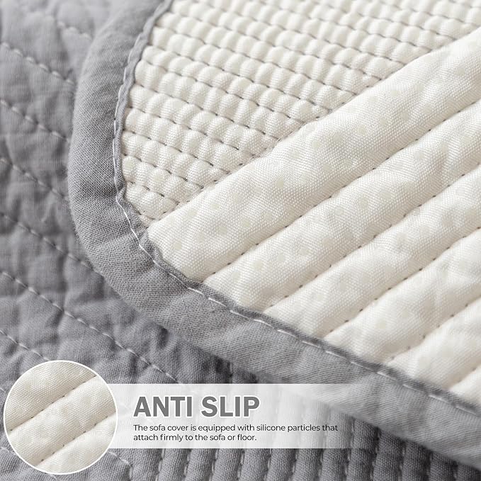 vctops Cotton Quilted Couch Covers for Sectional Sofa (Grey,43"x82") | Geometric Washable Non Slip Sofa Slipcover for Dogs, Children, Pets Furniture Protector Cover - Image 4