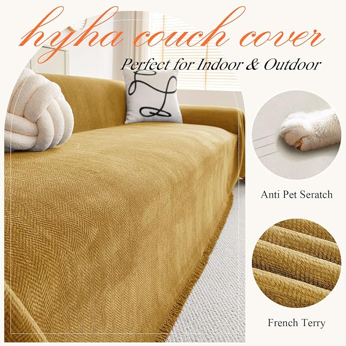 hyha Couch Cover for Dogs, Boho Chenille Sofa Cover for 3 Cushion Couch | Anti-Scratch Washable Sofa Slipcover, Loveseat Sectional Couch Throw Blankets with Tassels (Yellow, 88.5x150 Inch) - Image 4