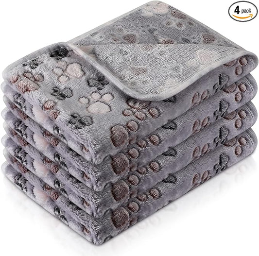 Tatuo 4 Pack Fleece Dog Blankets for Puppy Cats Multi-Size Sleep Mat for Pet Guinea Pig Soft Washable Warm Crate Bed Puppy Teething Toys Print Pattern Blanket Indoor(Gray,24 x 16 Inch,Paw) by Tatuo