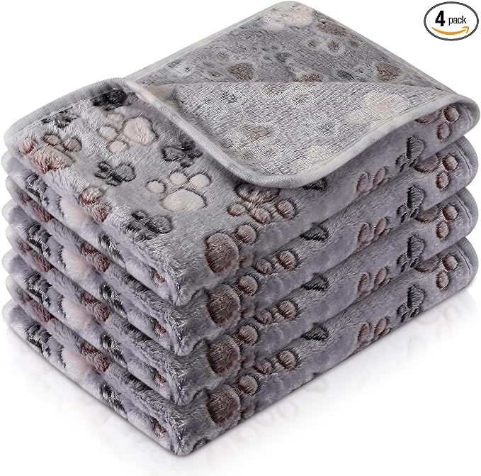 Tatuo 4 Pack Fleece Dog Blankets for Puppy Cats Multi-Size Sleep Mat for Pet Guinea Pig Soft Washable Warm Crate Bed Puppy Teething Toys Print Pattern Blanket Indoor(Gray,30 x 20.5 Inch,Paw) by Tatuo