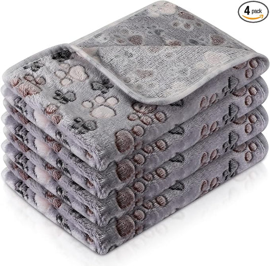 Tatuo 4 Pack Fleece Dog Blankets for Puppy Cats Multi-Size Sleep Mat for Pet Guinea Pig Soft Washable Warm Crate Bed Puppy Teething Toys Print Pattern Blanket Indoor(Gray,30 x 20.5 Inch,Paw) by Tatuo