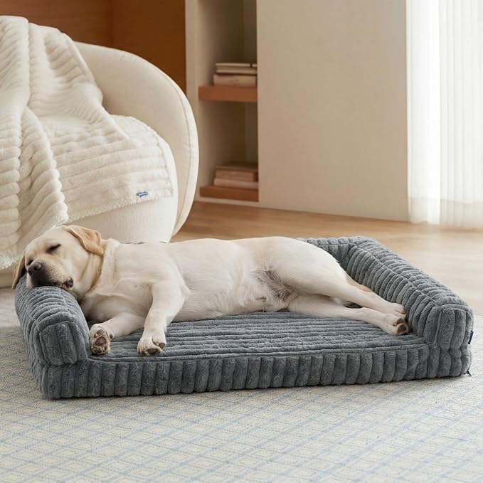 Bedsure ComfyFleece™ Orthopedic Dog Beds for Extra Large Dogs, Memory Foam XL Dog Couch with Sides, Waterproof Big Pet Sofa with Washable Corduroy Cover, Non-Slip and Egg-Crate Foam, Grey by Unknown