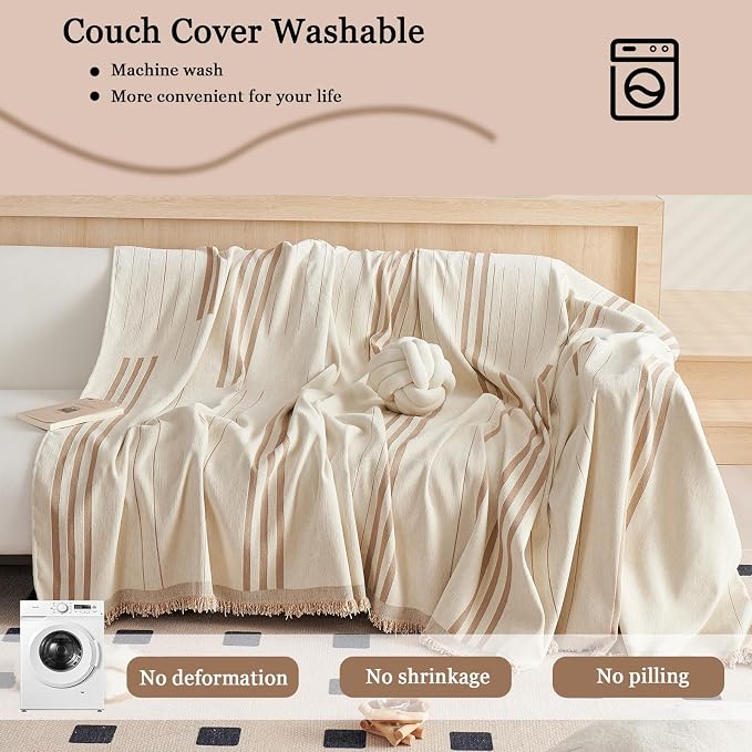 DREAMINGO Couch Cover Washable Chenille Sofa Protector for Pet Kids Beige Coffee Loveseat Couch Covers for 2 Cushion Couch Stripe Jacquard Versatile Sofa Throw Slipcover for Futon Couch, 71"x102" - Image 5