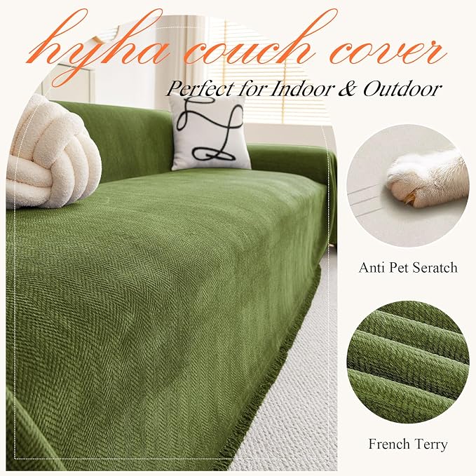 hyha Couch Cover for Dogs, Boho Chenille Sofa Cover for 3 Cushion Couch | Anti-Scratch Washable Sofa Slipcover, Loveseat Sectional Couch Throw Blankets with Tassels (Green, 71x91 Inch) - Image 4