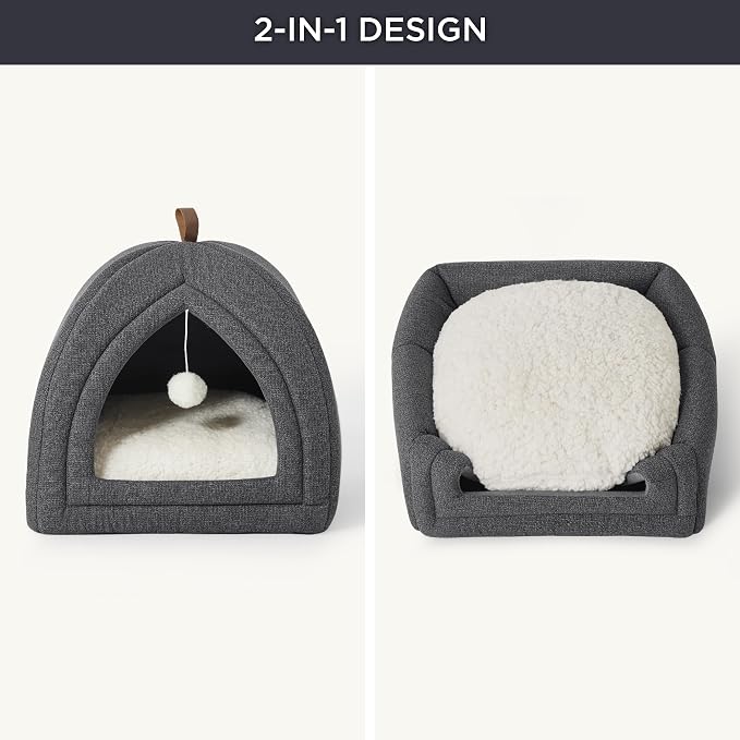 Bedsure 2in1 Cat Beds for Indoor Cats Cave for Kitten with Washable Pillow | 17.3in, Cat House Enclosed, Covered Cat Tent, Foldable Hideaway, Fluffy Ball, Anti Slip Bottom,Removable Cushioned ,Dark Grey - Image 5