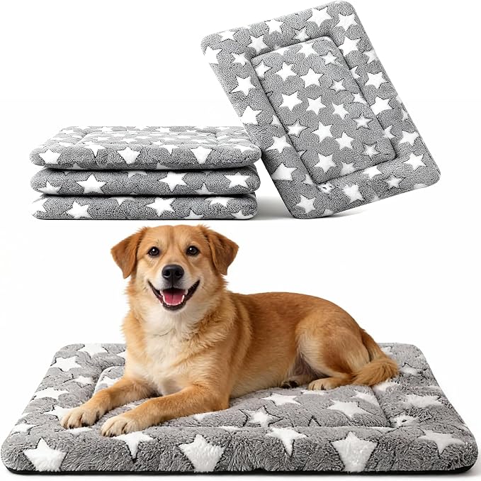 Dog Crate Mat, 4 Piece Reversible Pet Bed, Polyester, Machine Washable, Small Dogs & Cats, Rectangular(Gray Star, 30" L x 20" W x 1.5" Th) by FogkissComfyPawsHome