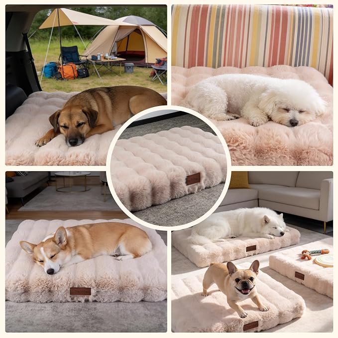 Orthopedic Dog Beds for Large Dogs, Fluffy Faux Rabbit Fur Pet Bed with Removable Washable Cover, Dog Bed Mat with Egg Crate Foam & Waterproof Lining, Anti Slip Bottom, Light Khaki,36"x27"x3" - Image 9