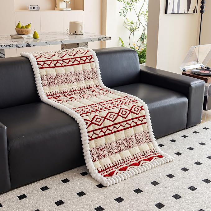 VClife Boho Couch Cover, Soft Fuzzy Couch Covers for Dog, Non-Slip Furniture Protector, Washable Durable Sofa Covers for Couch/Bench, Tribal White Red Geometric Slipcover, 27.6" x 70.9" - Image 4