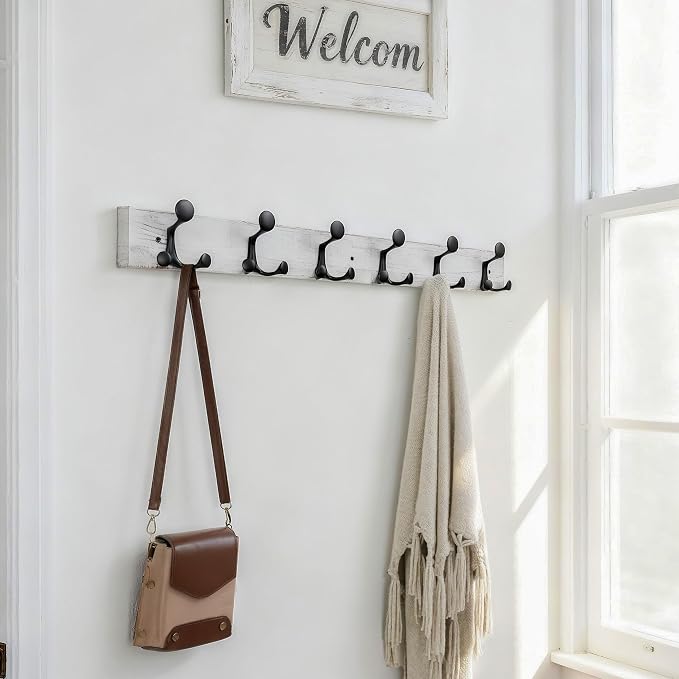 SKOLOO 36-Inch Wood Coat Rack Wall Mount with 6 Triple Hooks - Ideal for Family Entrances, Classrooms, and Pet Supplies Storage - Distressed White Wash, Pack of 2 - Image 2