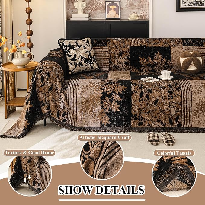 STACYPIK Vintage Couch Cover for Dogs, Floral Jacquard Chenille Sofa Cover | Brown, Breathable, Patchwork, For 2 Cushion Couch/Loveseat , Non Slip Couch Protector for Sectional, Sofa Blanket-71X118IN - Image 2