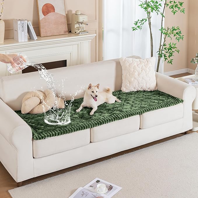 PuTian 100% Waterproof Fuzzy Couch Cover for Dogs Green 27.6"x82.7" | Pet Friendly Dog Mat for Couch, Waterproof Sofa Protector, Scratch Resistant Furniture Cover for Dogs, Machine Washable by PuTianWorld