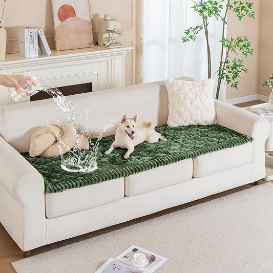 PuTian 100% Waterproof Fuzzy Couch Cover for Dogs Green 27.6"x82.7" | Pet Friendly Dog Mat for Couch, Waterproof Sofa Protector, Scratch Resistant Furniture Cover for Dogs, Machine Washable by PuTianWorld