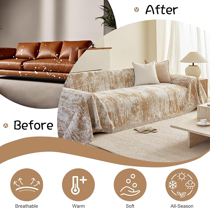 VClife Boho Couch Cover, Non Slip Soft Couch Covers for 3-4 Cushion Couch Sofa Pet Friendly, Irregular Vintage Khaki Off-White Scraped Texture Furniture Protector Sofa Slipcover for Dog, 71" X 150" - Image 4