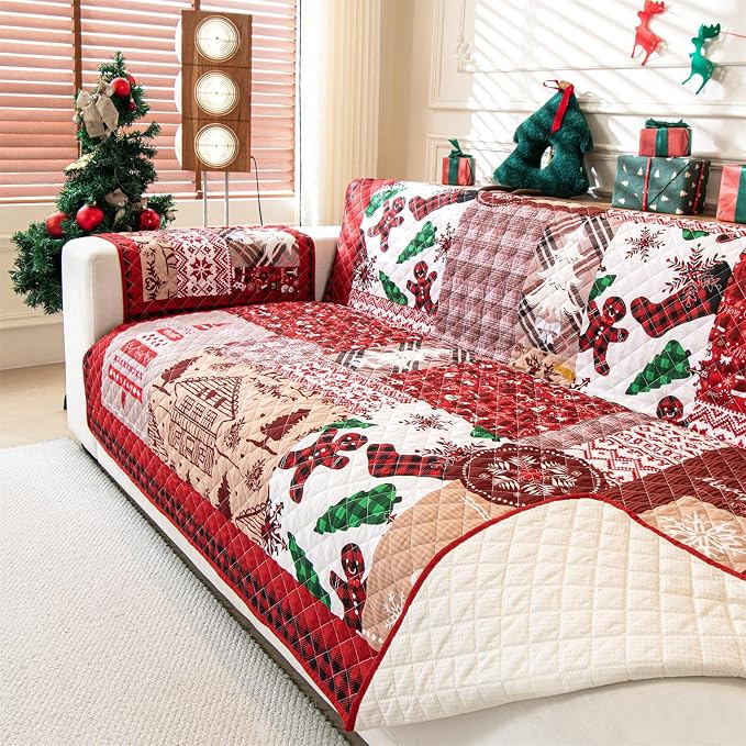 Cmfshape Christmas Skidproof Sofa Cover-Festival Sofa Slipcover with Elastic Straps-Easy Fit Slip Cover-Patchwork Washable Furniture Protector for Pets and Kids(Sofa,Red) - Image 3
