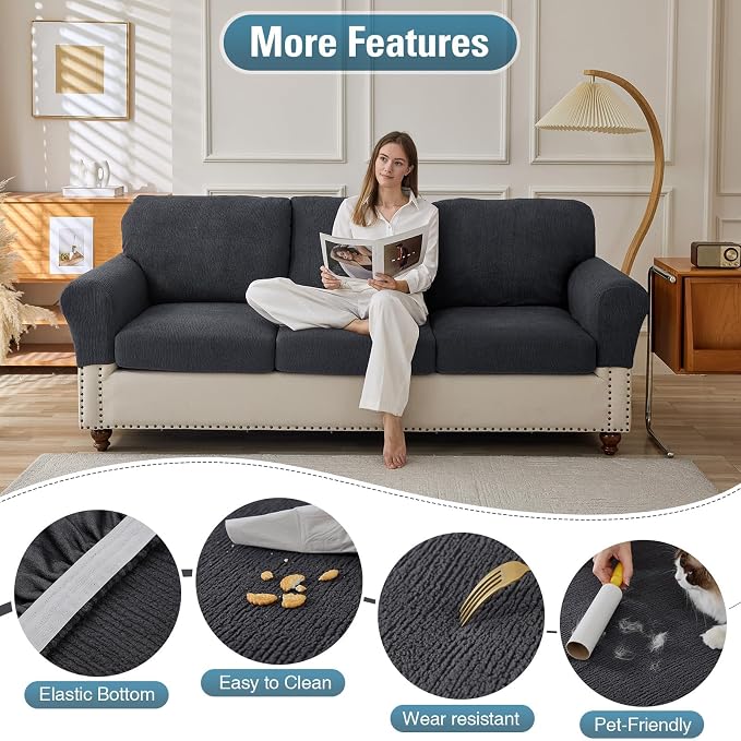 Couch Cushion Covers Sectional Couch Covers Stretch Washable Soft Seat Cushion Covers Furniture Protector Sofa Slipcovers for Pets(Dark Grey,3 Pieces Seat Covers or Back Covers) - Image 3
