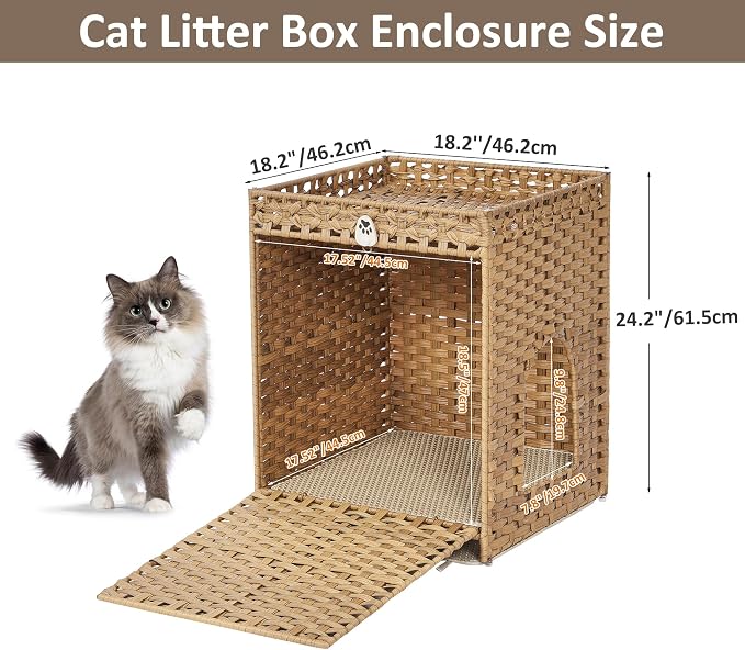 Cat Litter Box Enclosure with Door, Hidden Cat Washroom Furniture | Handwoven PP Wicker; Soft Litter Mat Included; Spacious Interior; Furniture-Style Design; Indoor Home Décor - Image 7