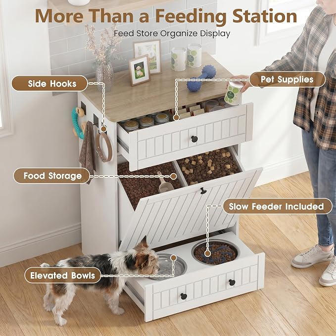 Dog Feeding Station Cabinet Elevated Bowls (White, Classic Panel) | Slow Feeder Insert, Large food bin, Removable Divider, 3 Side Hooks, Pull-Out Drawer, Easy to Clean for Small & Middle Dogs - Image 3