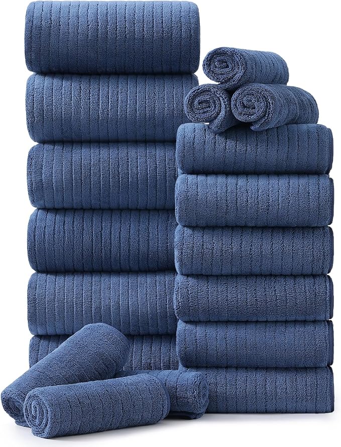 Hailea 18 Piece Family Bath Towel Set Include 6 Bath Towels,6 Hand Towels and 6 Washcloths Soft Bathroom Towel with Hanging Loops,Highly Absorbent Quick Dry Towels Set for Bathroom,Hotel and Spa-Navy by Hailea