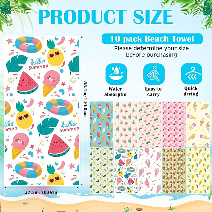 FuWeave 10 Pack Microfiber Beach Towel 28 x 55 Inch Oversized Large Quick Dry Thin Beach Towels for Pool Camping, Sand Free Lightweight Blanket for Women Adults Travel Swimming Sport (Ice Cream) - Image 2