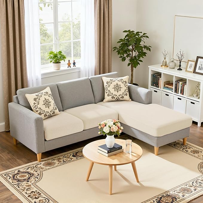 Hokway Chaise Cover and Couch Cushion Covers Set, Separate Sectional Sofa Cushion Slipcovers, Reversible Cushion Protector for L-Shaped Sofa(2 Pieces for Seater & 1 Piece for Chaise, Creamwhite) by Hokway