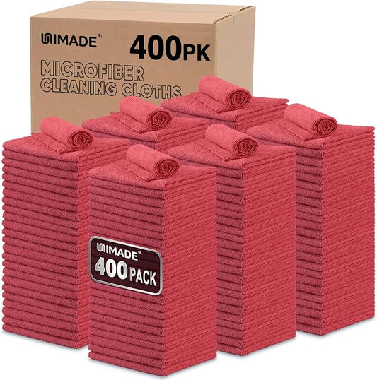 UNIMADE Shop Towels, 400 Pack Commercial Grade Work Rags Microfiber Towels | for Cars Cleaning Rag Bulk Detailing Cloth for Automotive Bar Mechanic Restaurant Garage Housekeeping, 11.5"x 11.5", Red by Unimade