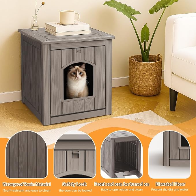 Cat Litter Box Enclosure, Plastic Hidden Litter Box Side Table with Openable Front Door, Cat Box Enclosure Cabinet for Indoor & Outdoor Use, Weatherproof, Easy to Clean & Assemble, Grey - Image 4