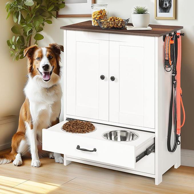 Dog Feeding Station Storage Cabinet: Pet Feeder Container Cabinet with 2 Hidden Raised Dog Bowls Drawers for Feeding & Watering Supplies - Image 3