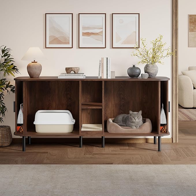 58" Double Cat Litter Box Enclosure, Large Hidden Litter Box Furniture for 2 Cats with Cat Scratch Pad, Mid Century Modern Indoor Cat House with Double Room, TV Stand, Side Table, Walnut - Image 6