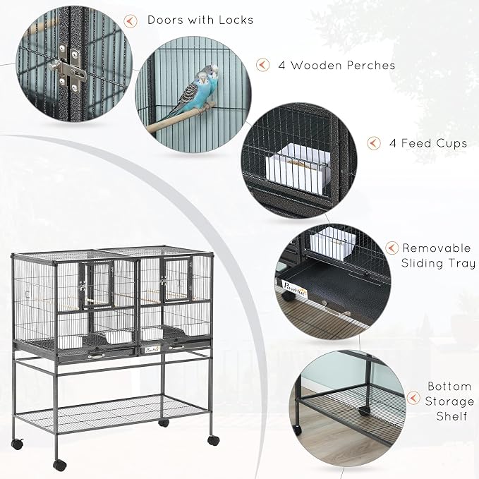 PawHut Divided Breeder Bird Cage with Rolling Stand Removable Metal Tray, Storage Shelf, Wood Perch, and Food Container | Storage Shelf, Wood Perch, Food Container - Image 3