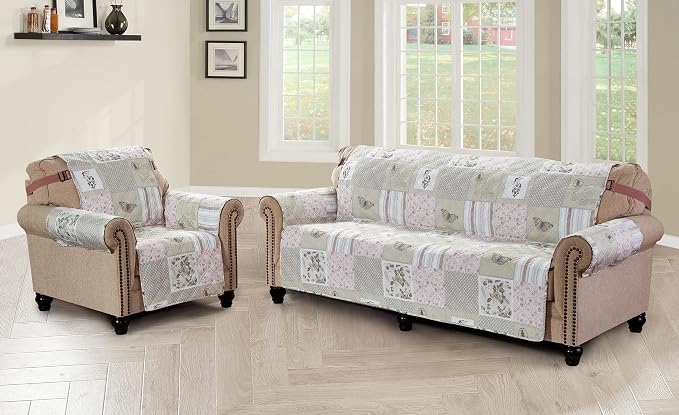 Brilliant Sunshine Grey Cupid & Pink Roses Loveseat Cover, 54" seat | Non Slip Sofa Cover, Patchwork Design, Quilted Furniture Protector, Large Washable Love Seat Slipcover for Pets, Dogs & Cats - Image 3