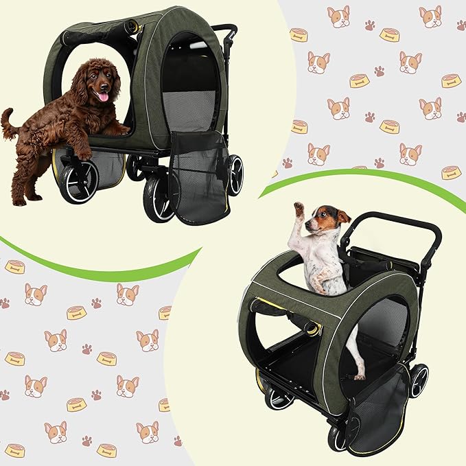 Pet Stroller for Dogs Cats up to 50 lbs, Foldable Dog Stroller with 360° Swivel Wheels, Detachable Carrier, Adjustable Handle, Travel Dog Stroller for Small Medium Large Pets, Green